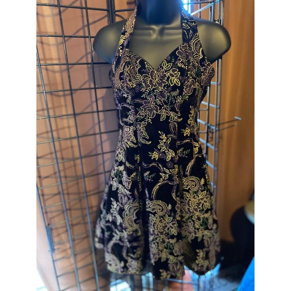 Vintage Velvet Halter Dress sz 0 Floral Paisley Embroidered deep purple